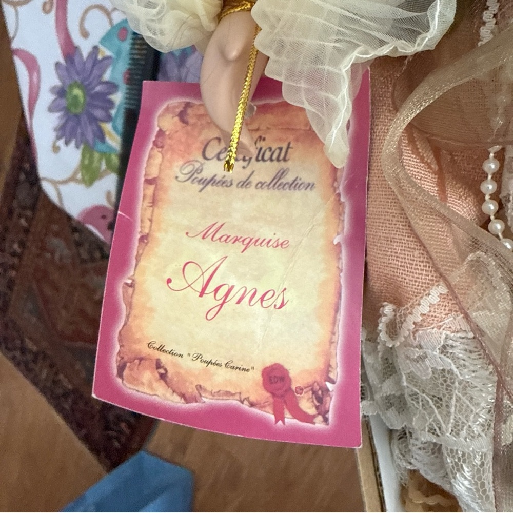 Porcelain Victorian-Style Doll in Peach and Cream Dress - Picture 2 of 3